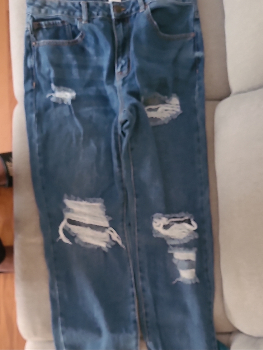 Forever 21 Distressed Slim Straight Jeans in Medium Blue